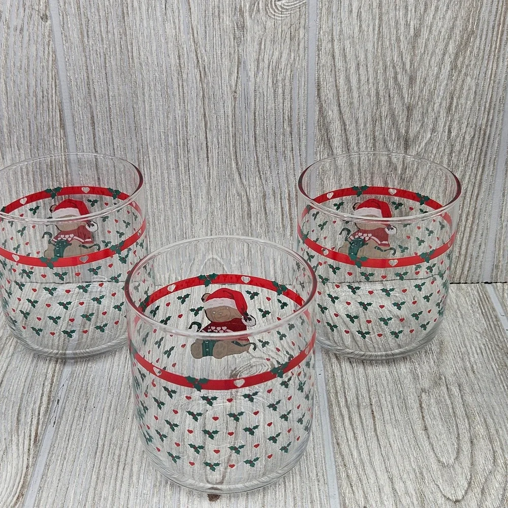 Tienshan Country Christmas Teddy Bear Old Fashioned Juice Glasses Set of 3